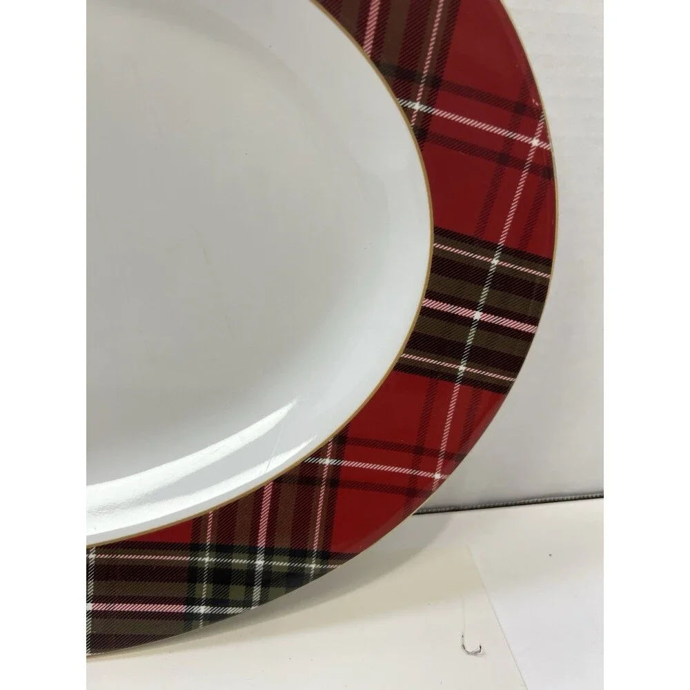 222 Fifth Wexford Red Tartan Plaid Christmas Holiday Oval Serving Platter Tray